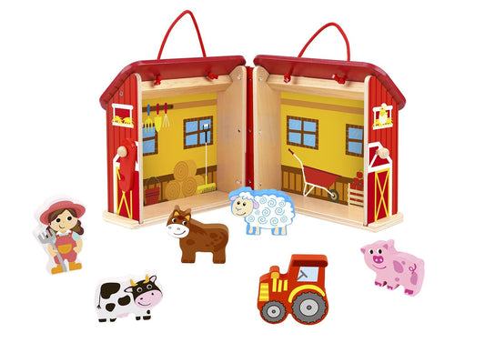 Portable farm playset with animals and accessories, perfect for creative play at home.