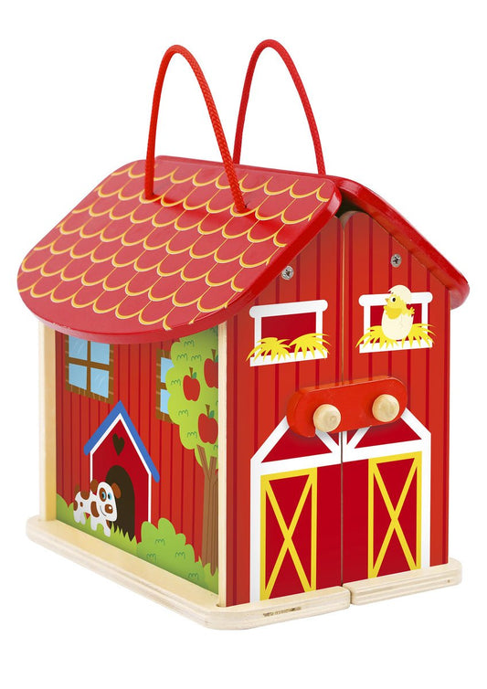 Farm playset in portable carry box for imaginative play at home, fostering creativity.