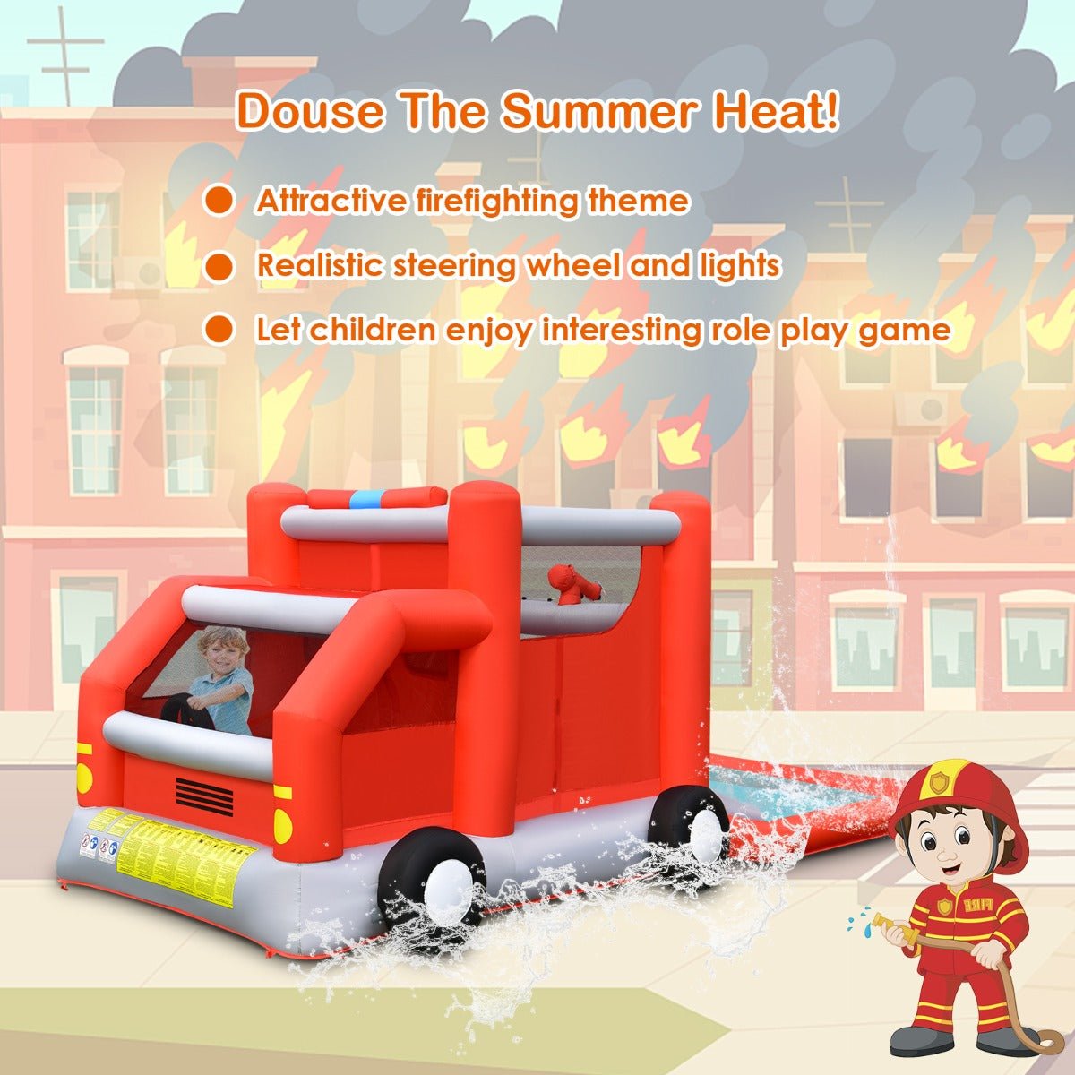 Kids Water Slide with Firefighting Theme - Splash and Blower Thrills