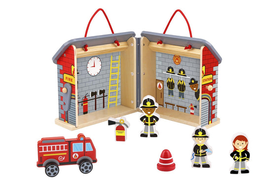 Kids fireman playset in handy carry box for imaginative home firefighting adventures.