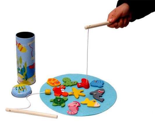 Kids fishing game in portable tin for indoor play, promoting hand-eye coordination and fun.