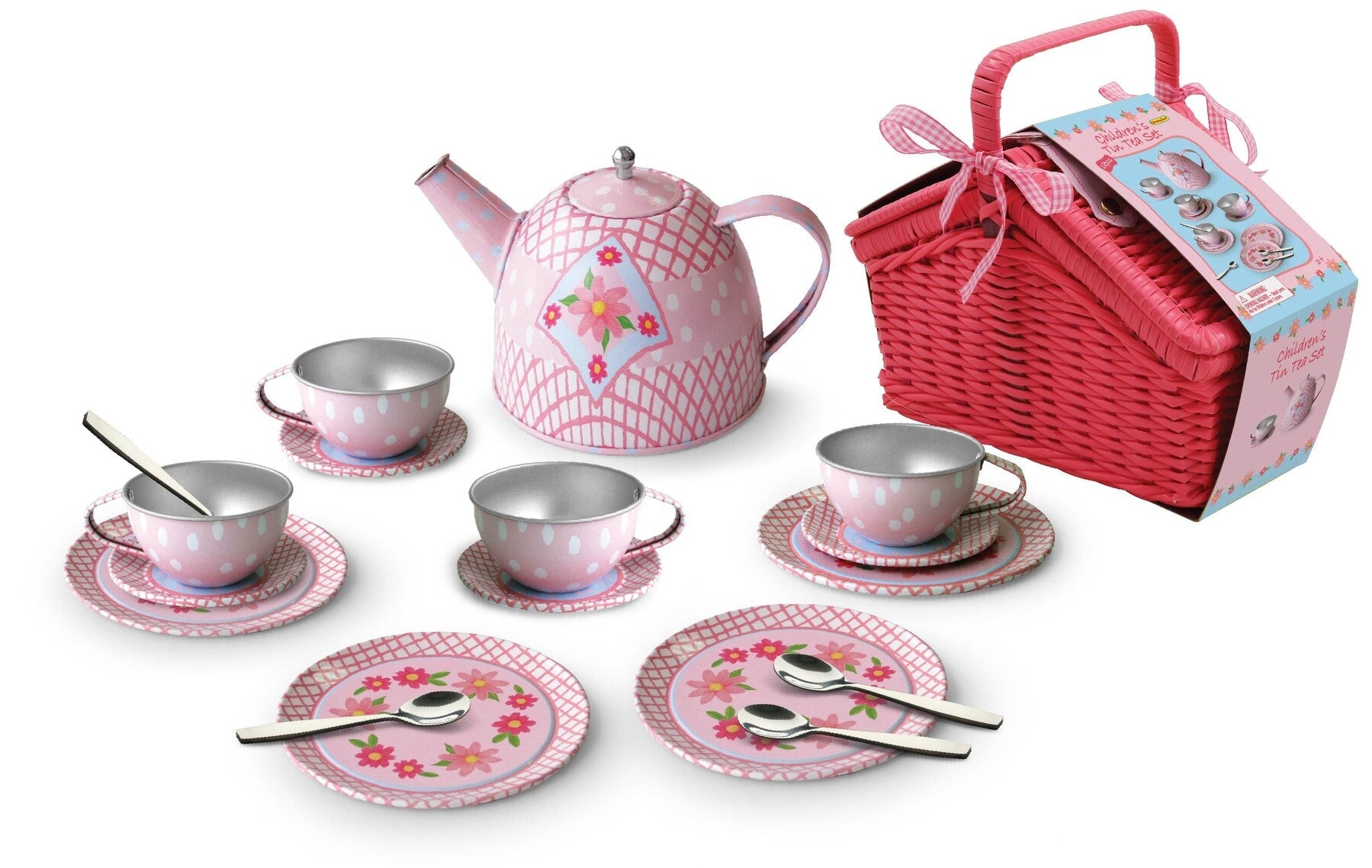 Pink Tin Tea Party Set in Picnic Basket