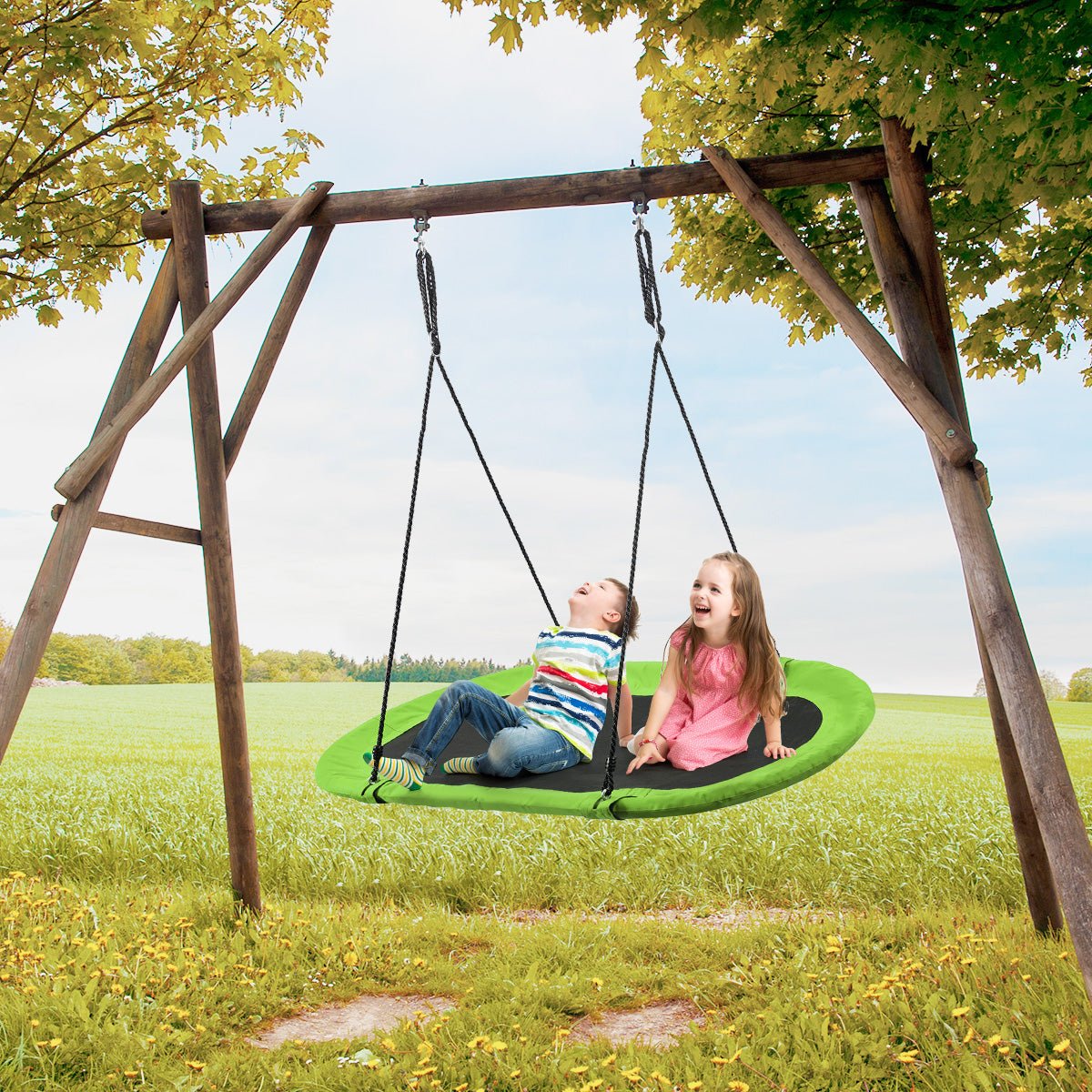 Outdoor Oval Swing Set: Fly High with Adjustable Hanging Ropes