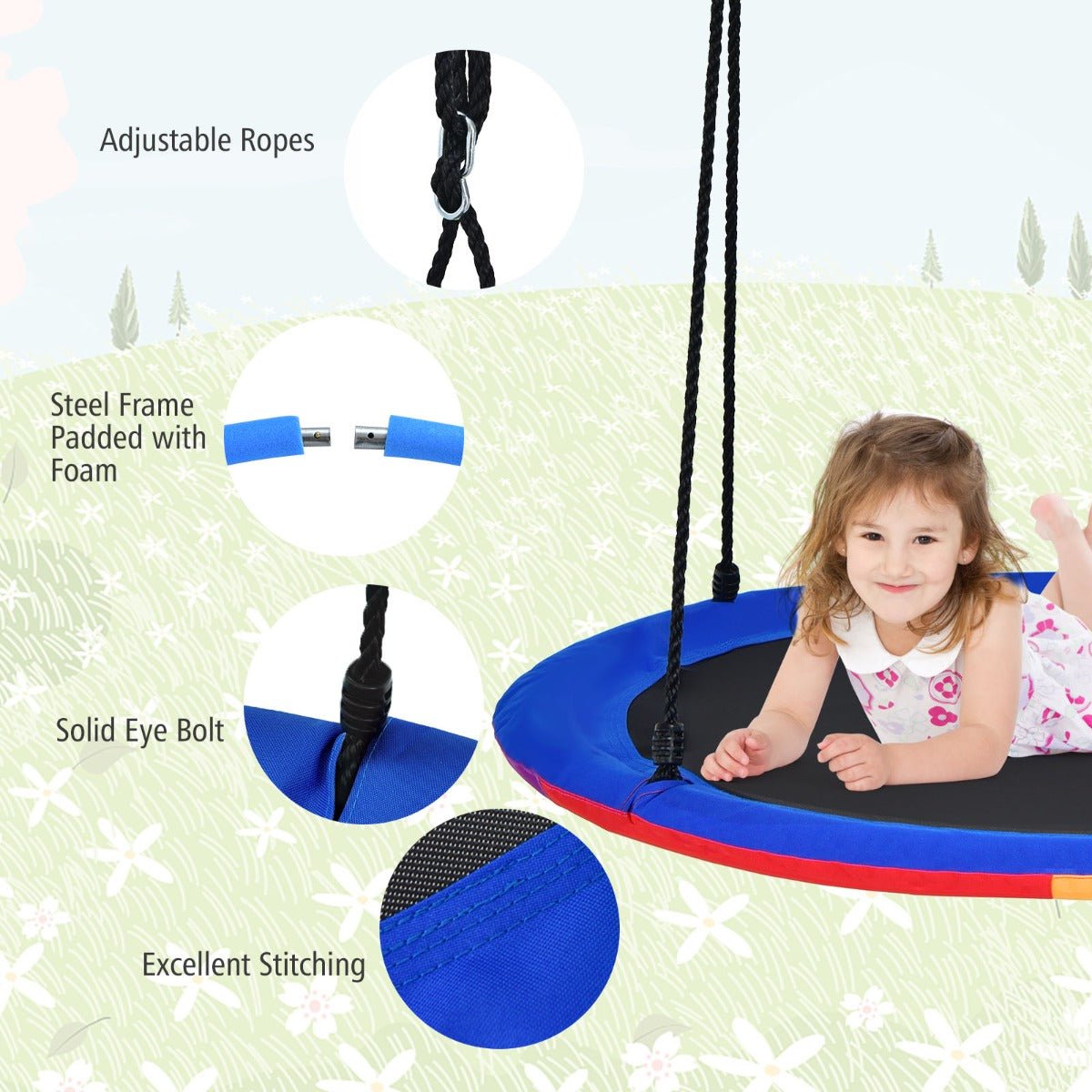 colourful Kids Swing: Blue Flying Saucer with Foam-Padded Galvanized Tube