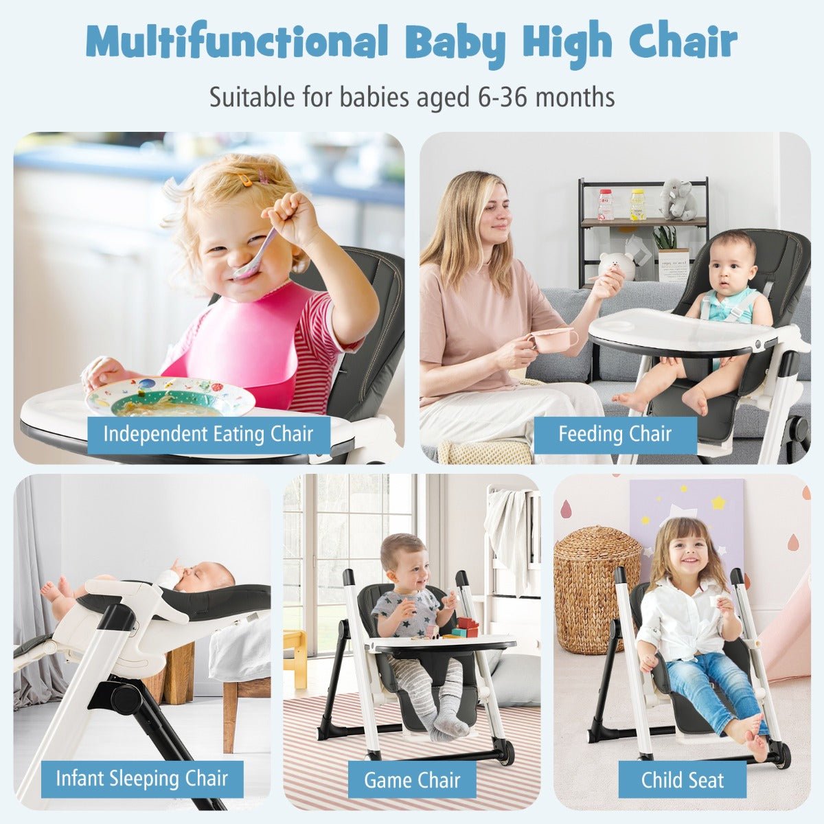 Costway Foldable High Chair with Recline Backrest & Adjustable Height