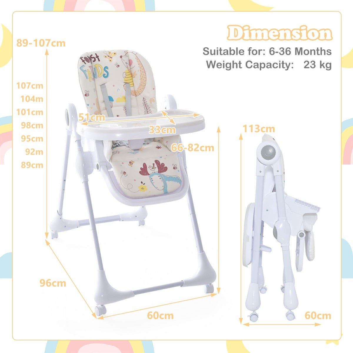 Foldable High Chair Beige Measurments