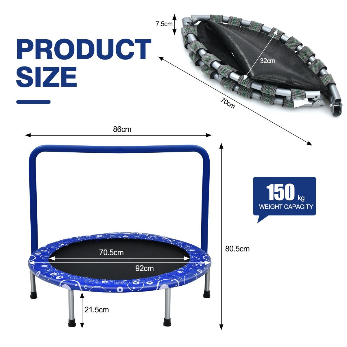Active Fun: Foldable Kids Trampoline with Handle for Indoor & Outdoor-Blue