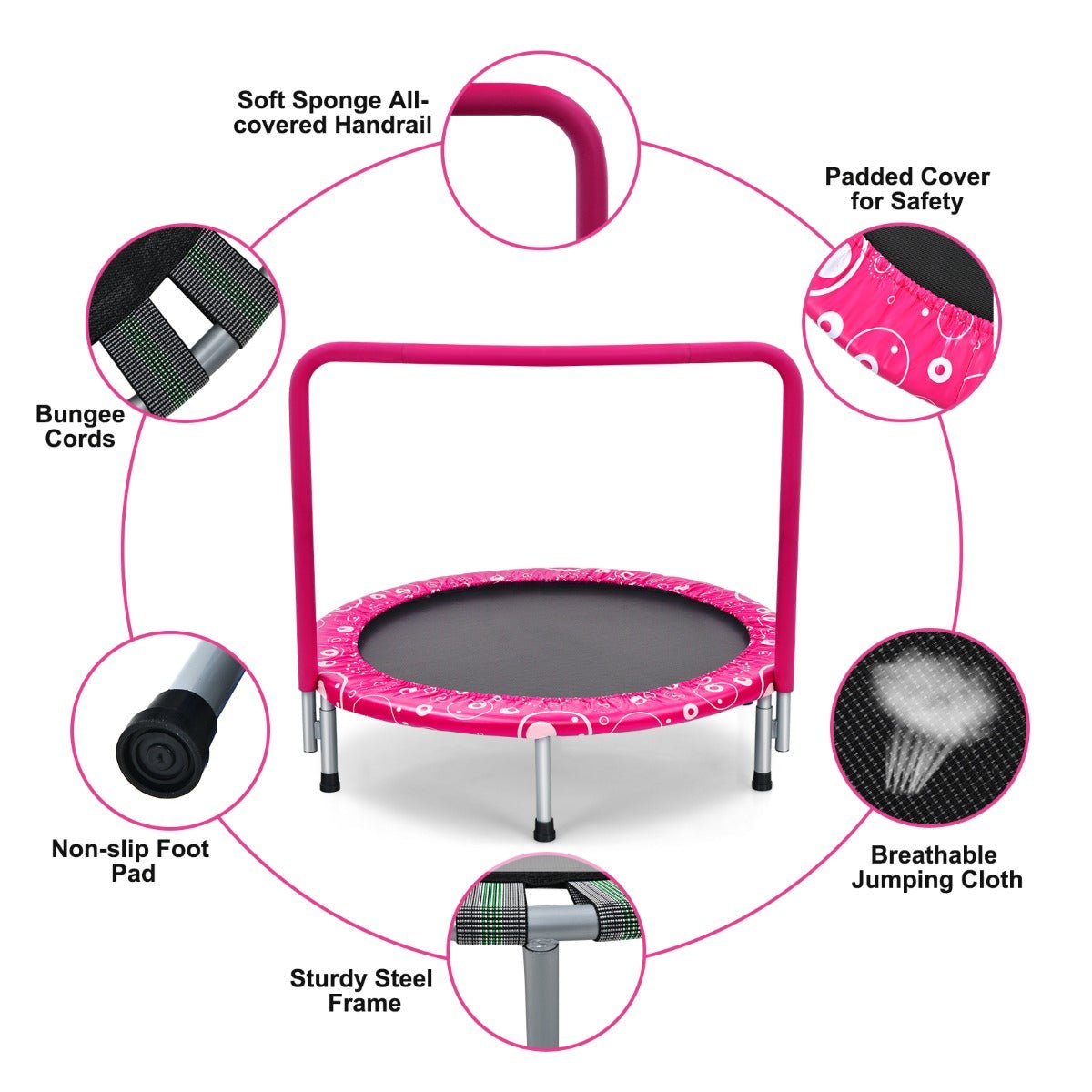 Pink Adventure: Foldable Kids Trampoline with Handle for Indoor & Outdoor