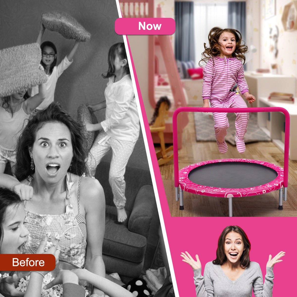 Playful Exercise: Foldable Kids Trampoline with Handle for Indoor & Outdoor Pink