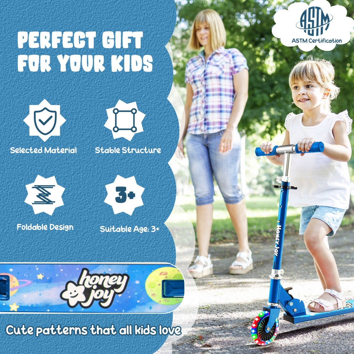 Blue Foldable Scooter for Kids: Adjustable Handlebar and LED Light