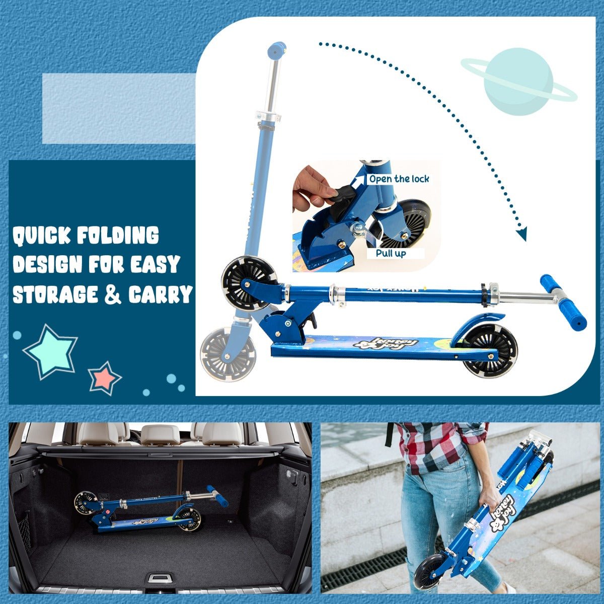 Blue Kids Scooter: Foldable Design, Adjustable Height, and LED Light