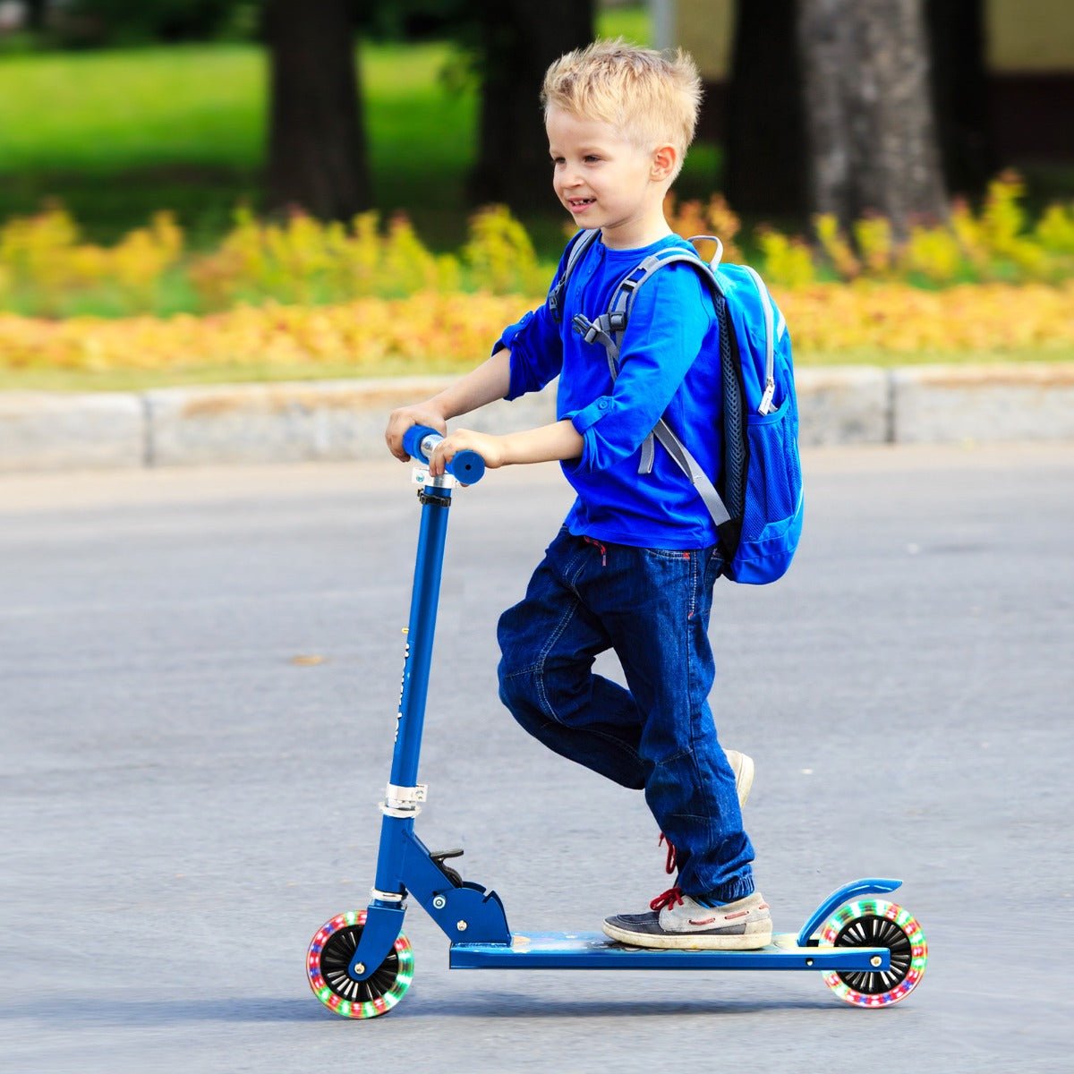 Kids Foldable Scooter: Adjustable Height Handlebar, LED Light (Blue)