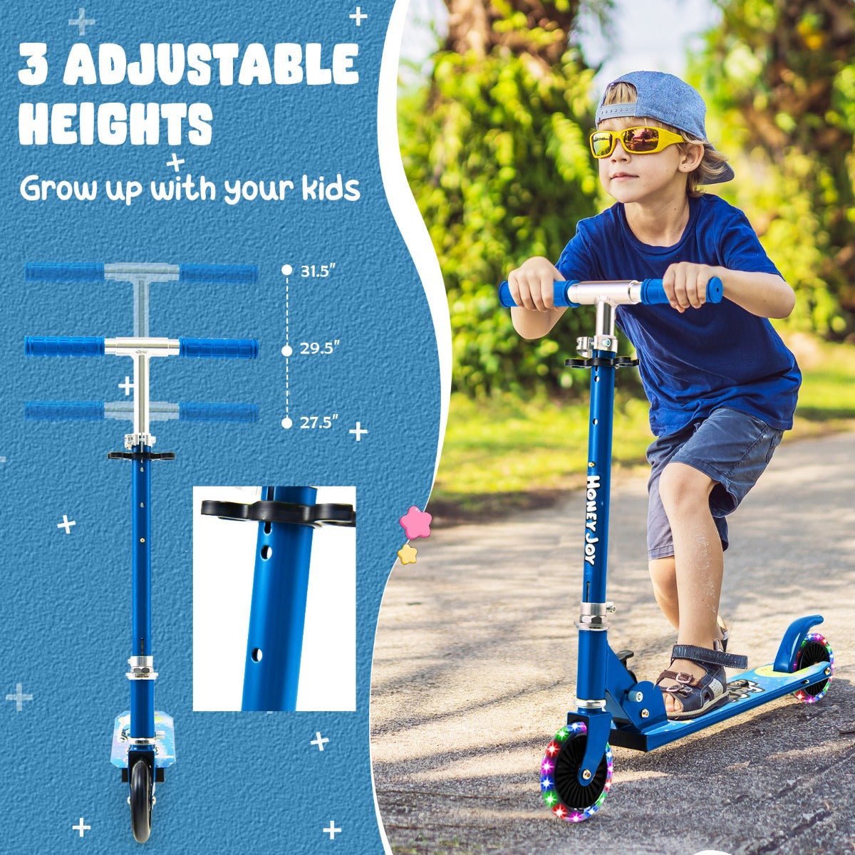 Foldable Lightweight Scooter for Kids: Adjustable Height, LED Light (Blue)