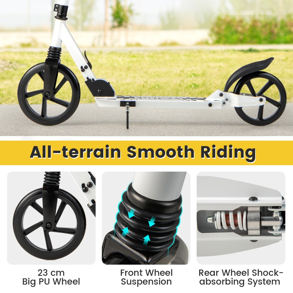 Kids Foldable Scooter: White Design, Adjustable Height, and LED Light