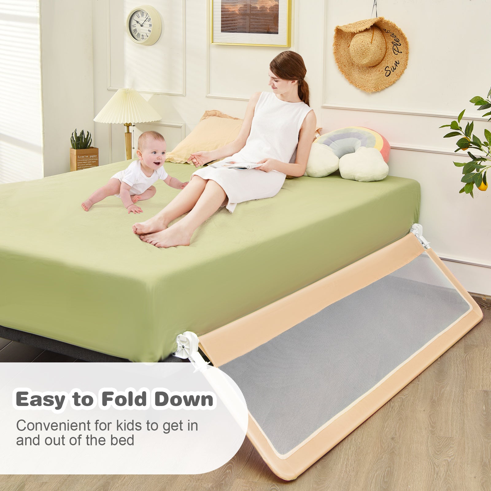 Beige Mesh Bed Rail for Toddlers - Foldable, Enhanced Safety Straps