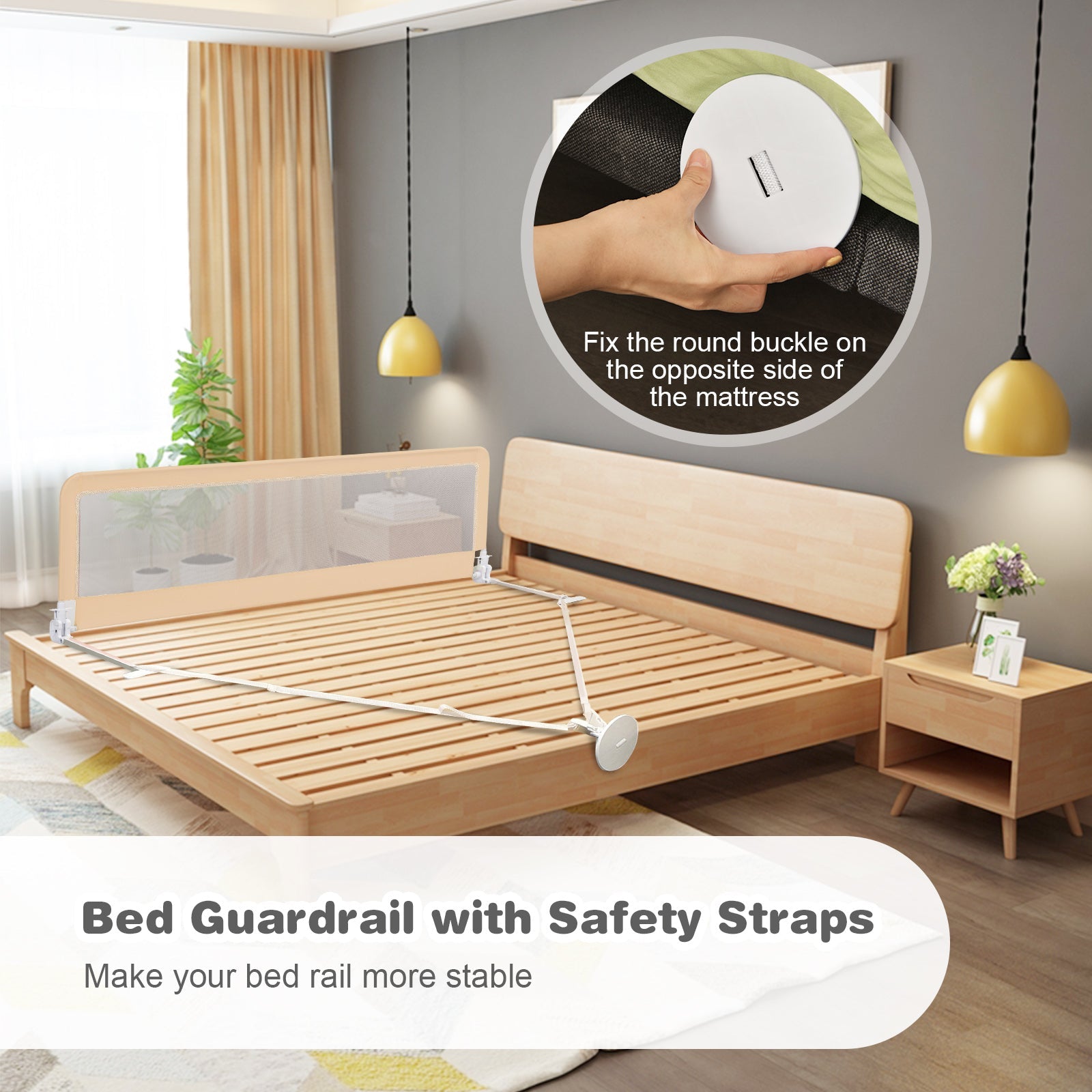 Foldable Mesh Toddler Bed Rail - Beige colour, Secure Safety Straps