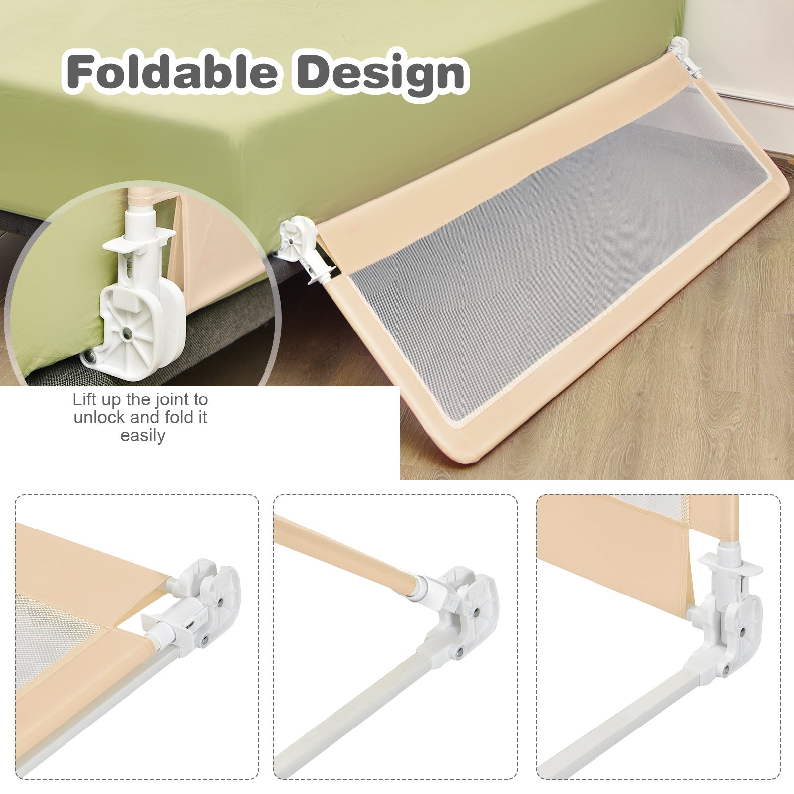 Toddler Bed Rail - Foldable Beige Mesh, Secure Safety Straps Included