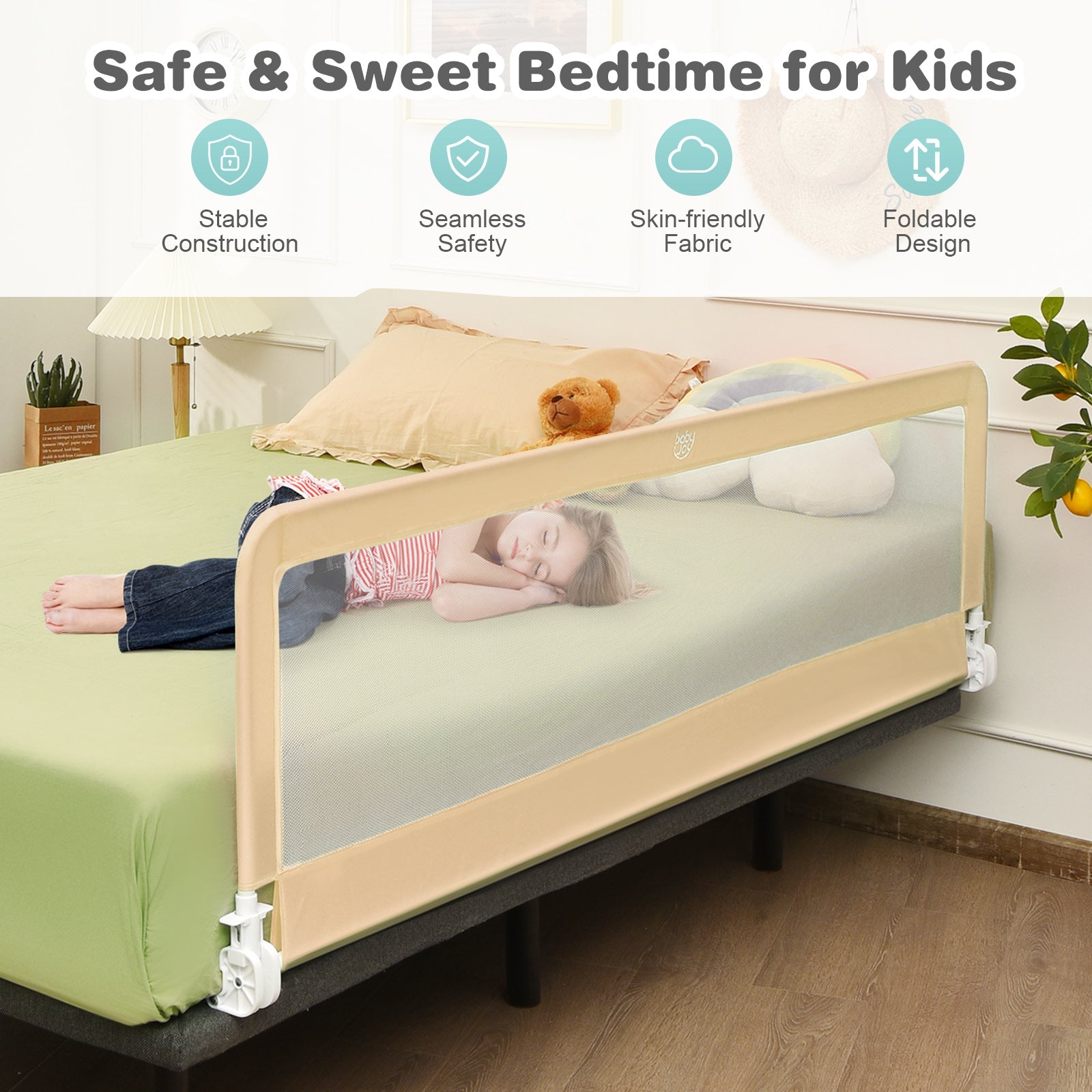 Foldable Beige Bed Rail with Safety Straps - Mesh Design for Toddlers