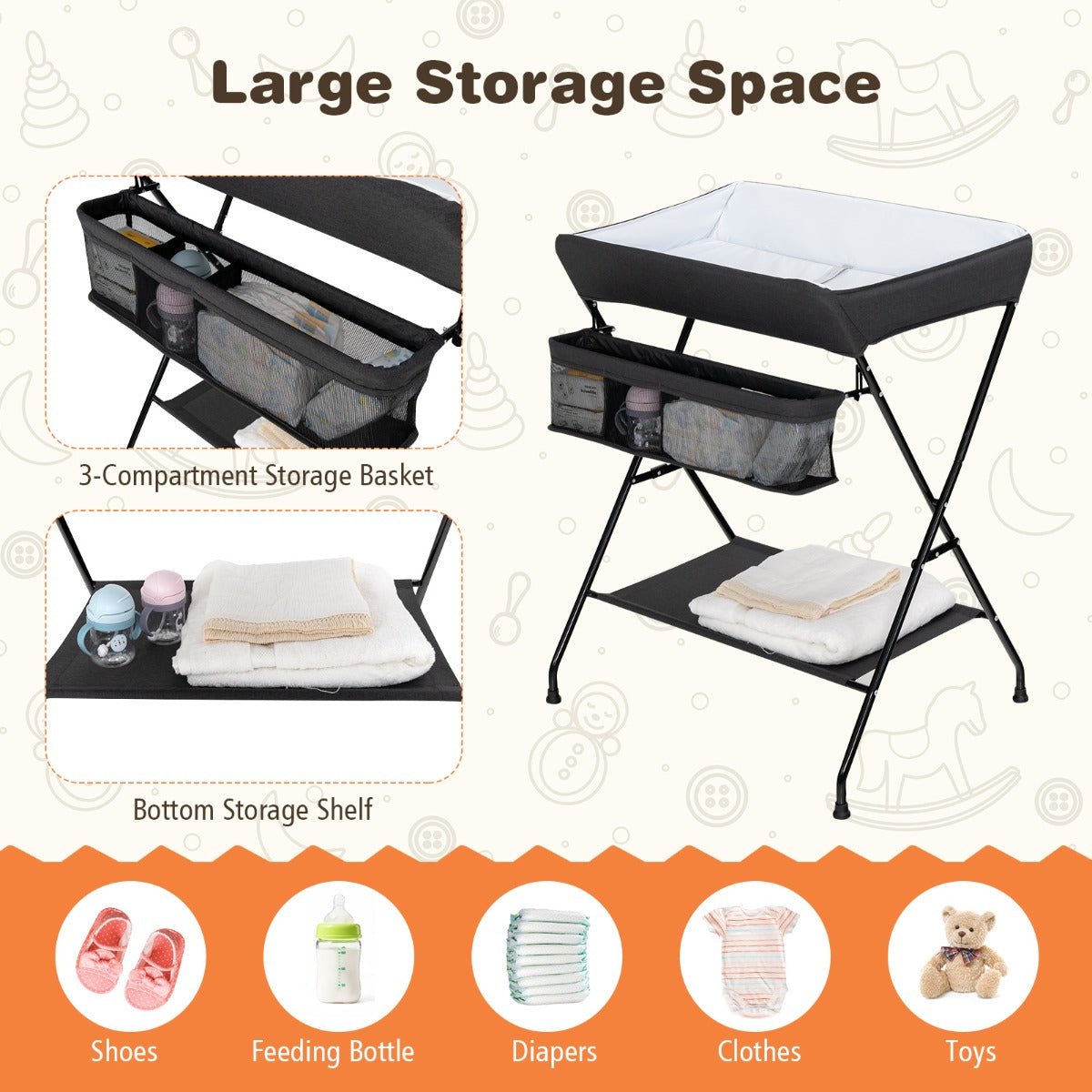 Comfortable Black Folding Change Table - Storage and Shelf for Babies