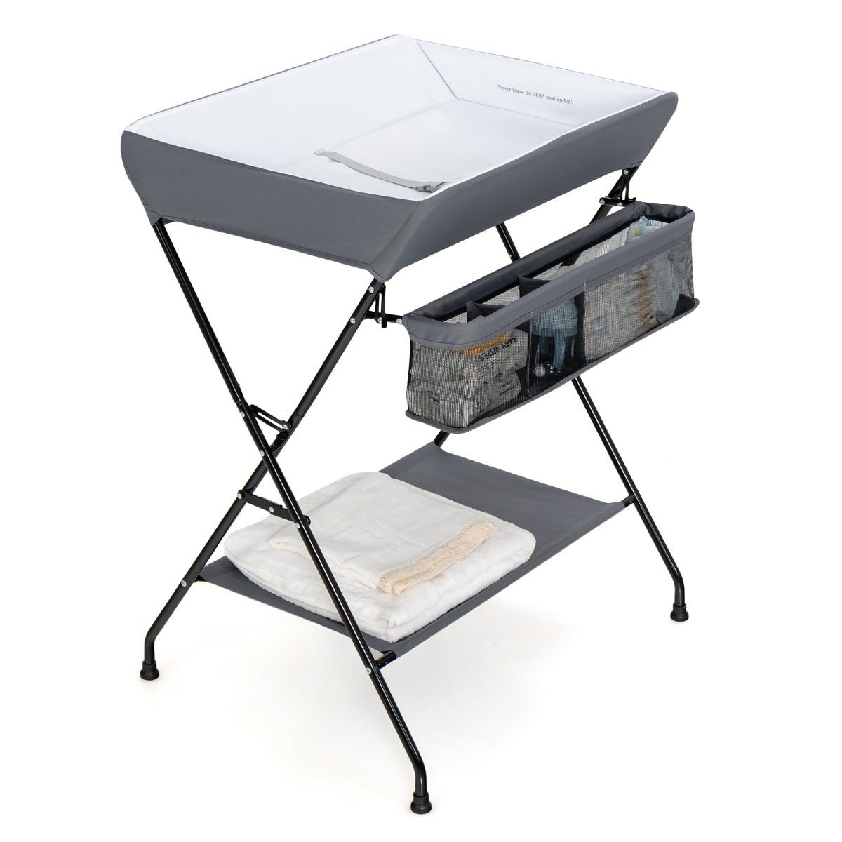 Foldable baby changing table with storage in grey, perfect for space-saving and convenient diaper changing.