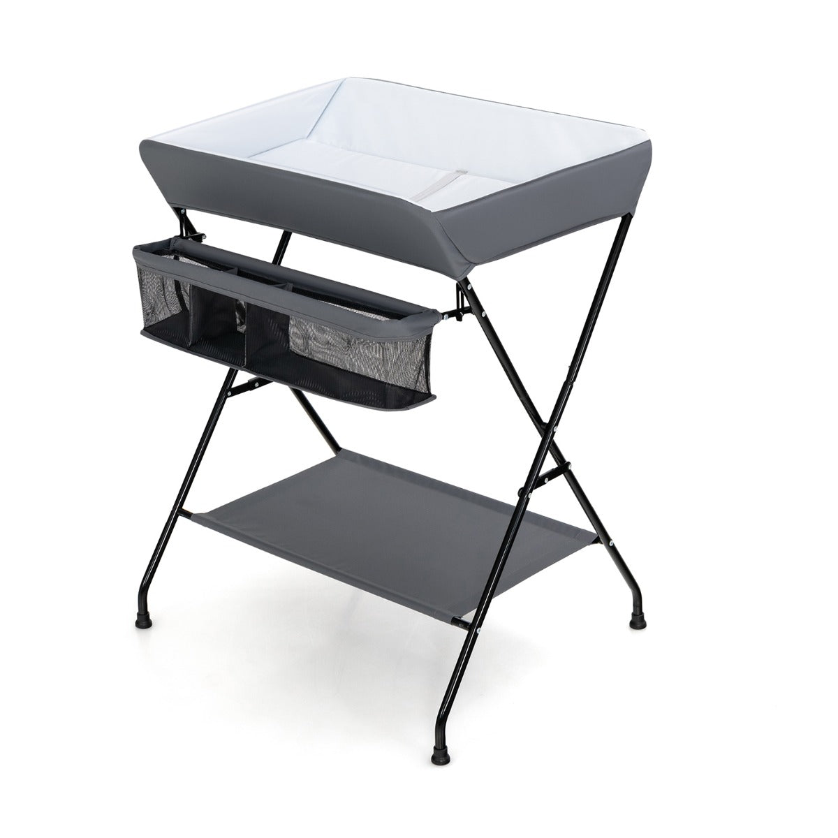 Grey foldable baby changing table with storage, convenient and space-saving, ideal for parenting.