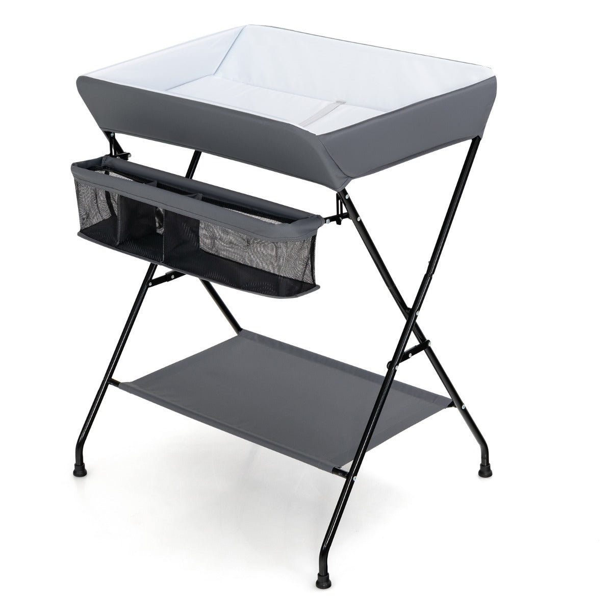 Foldable grey baby changing table with storage, convenient space-saving solution for nurseries.