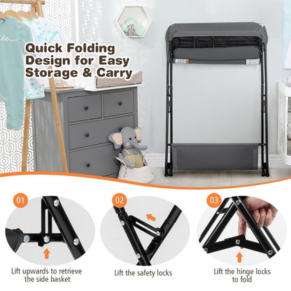 Foldable baby changing table in grey with storage, perfect for convenient diaper changes at home.