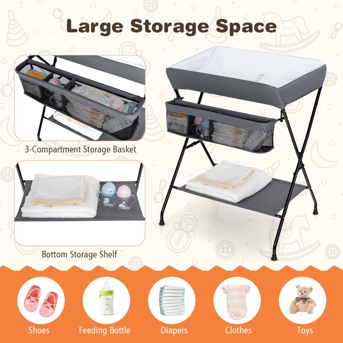 Foldable baby changing table in grey with storage, ideal for convenient and organized diaper changes