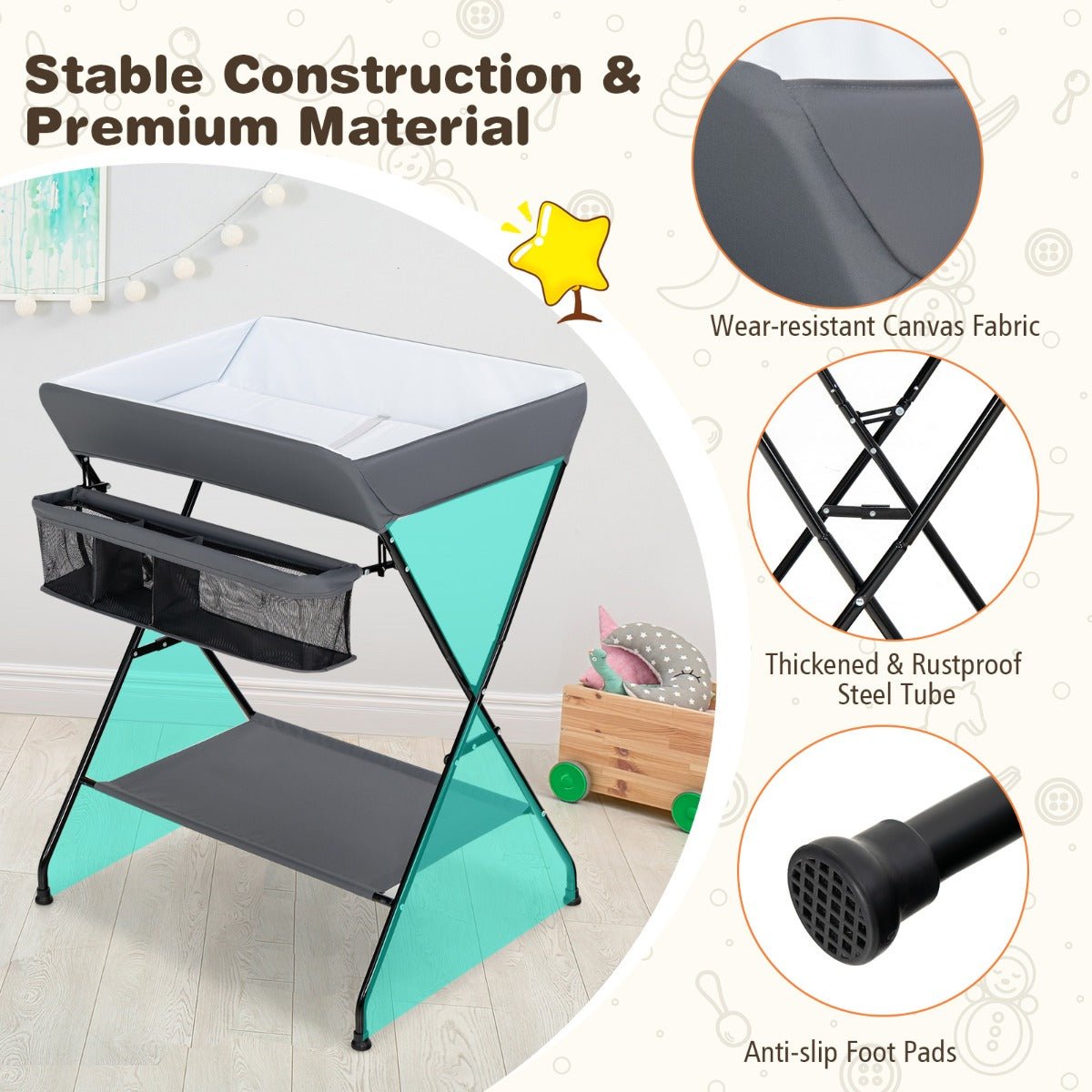 Foldable baby changing table in Grey with convenient storage for nursery organization.