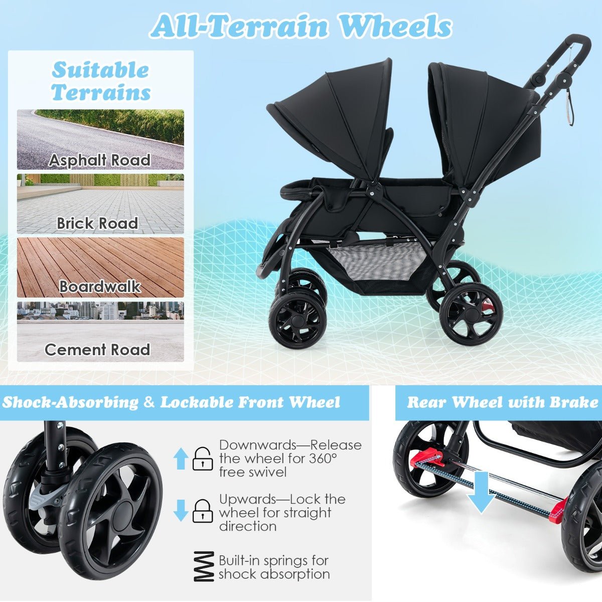 Comfortable Seating: Black Double Baby Stroller