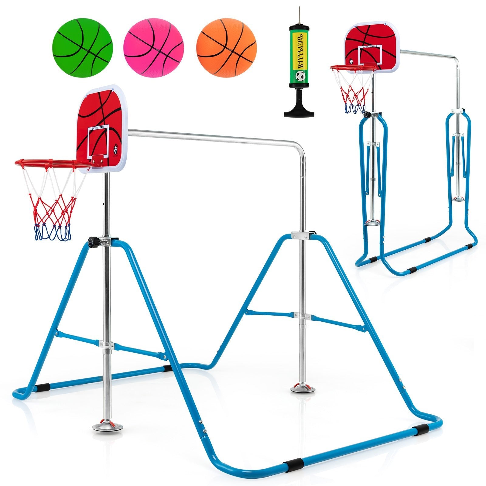 Junior Gymnastics Training Bar with Basketball Hoop: Foldable and Playful Blue