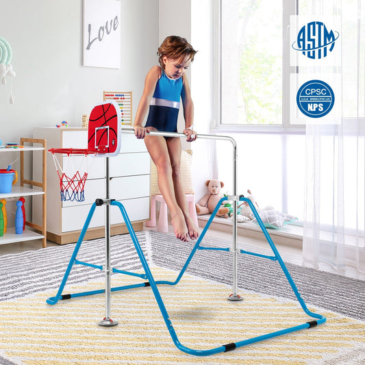 Folding Gymnastics Bar with Basketball Hoop: Junior Training in Cool Blue