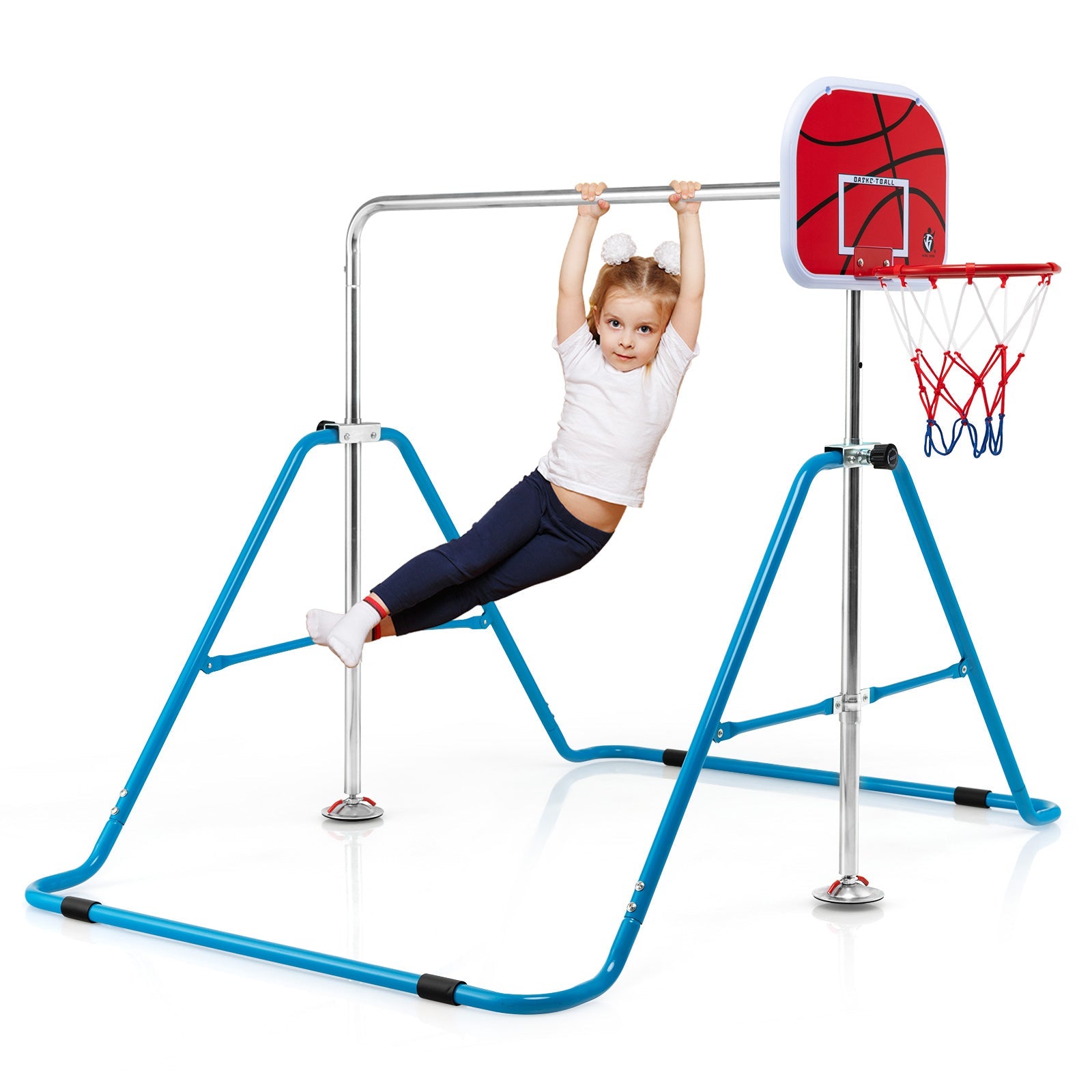 Kids Folding Gymnastics Bar with Basketball Hoop: Fun Training in Blue
