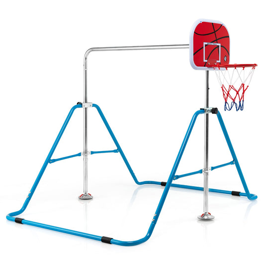 Junior Training Gymnastics Bar with Basketball Hoop: Foldable and Blue