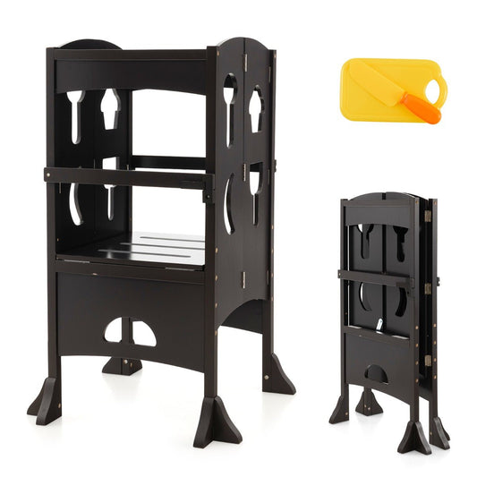 Foldable wooden kids kitchen helper tower with adjustable height for safe cooking involvement.