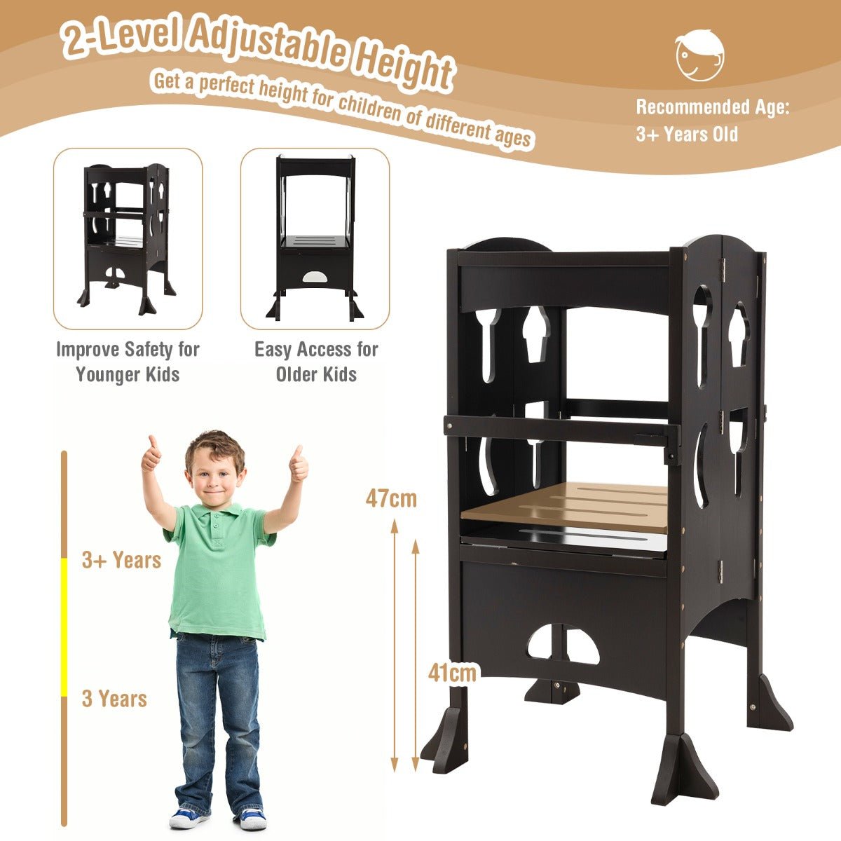 Folding Kids Kitchen Step Stool with 2-Level Adjustable Height Coffee