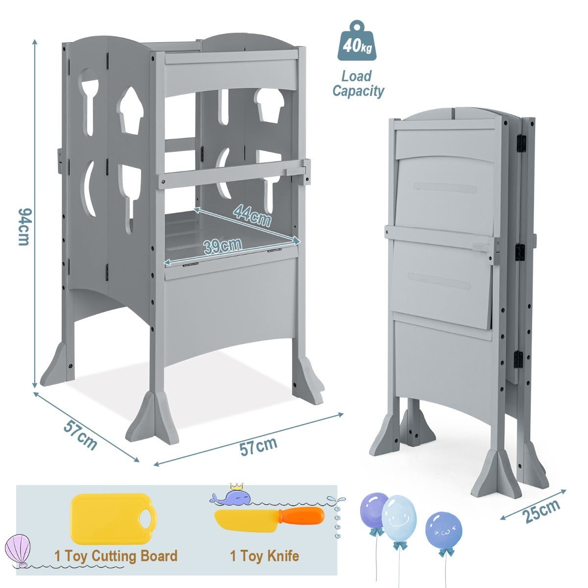Folding Kids Kitchen Step Stool with 2-Level Adjustable Height Grey