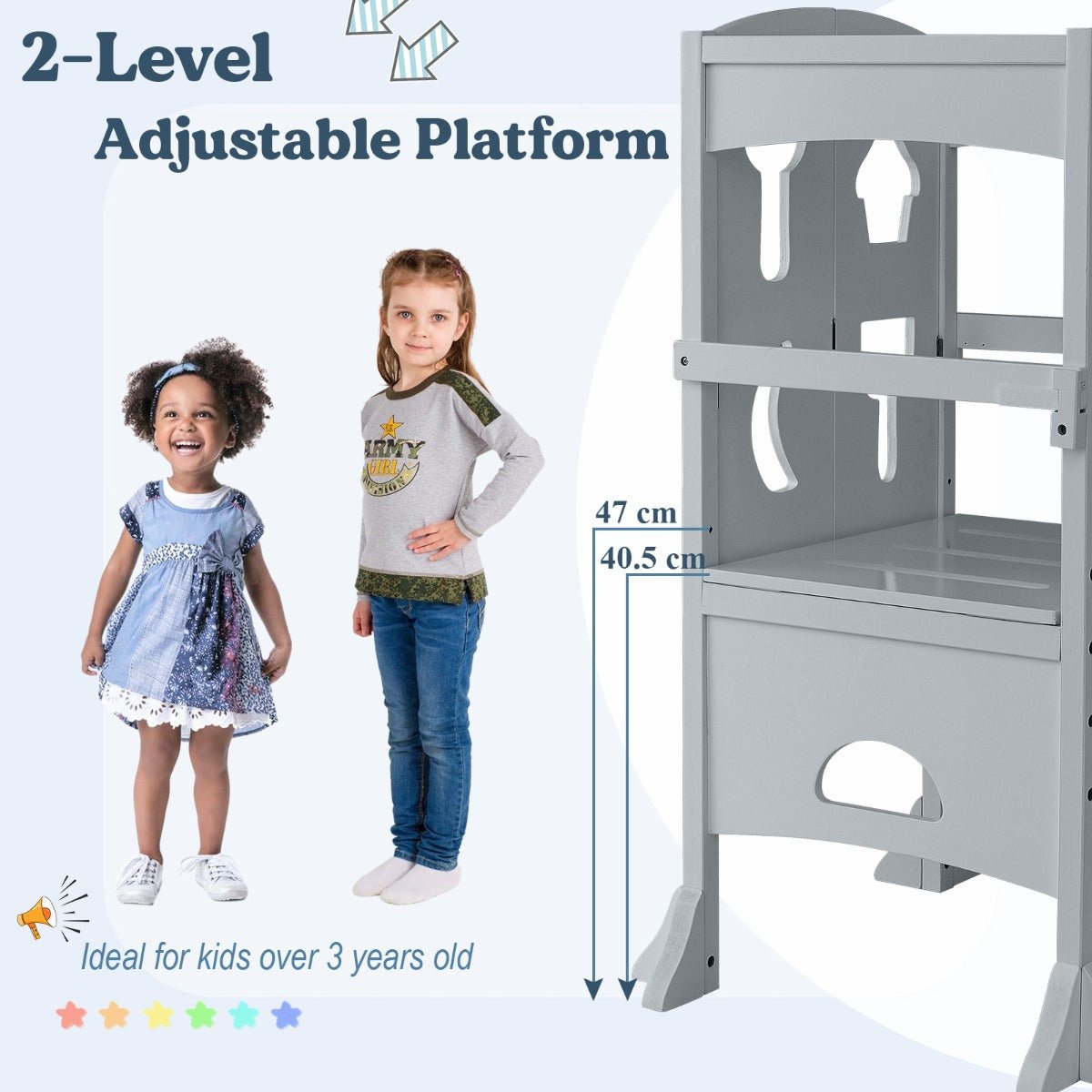 Folding Kids Kitchen Step Stool with 2-Level Adjustable Height Grey