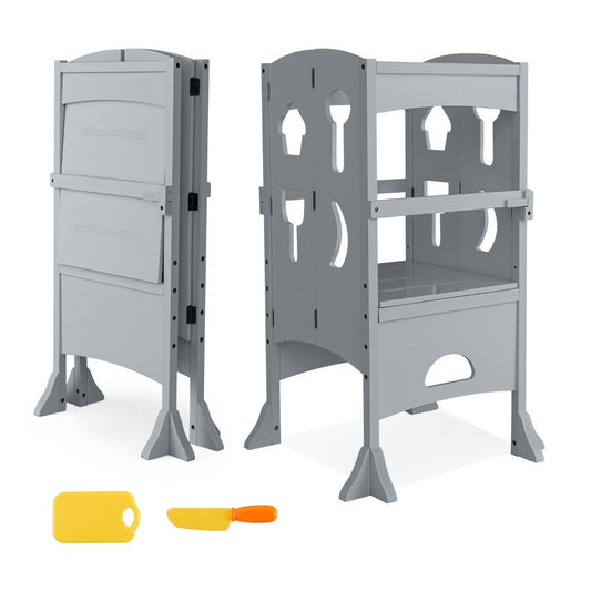 Grey Pine Wood Kids Kitchen Step Stool with Adjustable Height and Included Toys