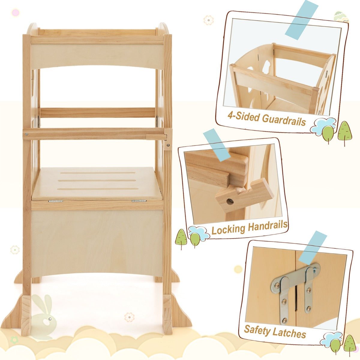 Kids adjustable wooden step stool for safe and convenient kitchen access and learning.