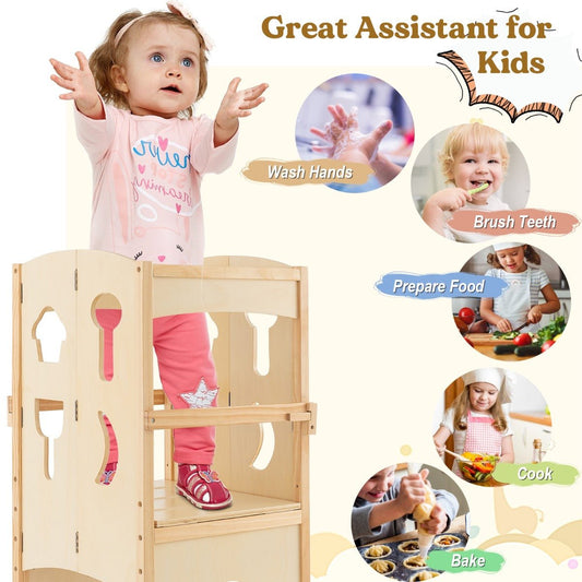 Kids adjustable wooden step stool for safe and fun kitchen help and independence.