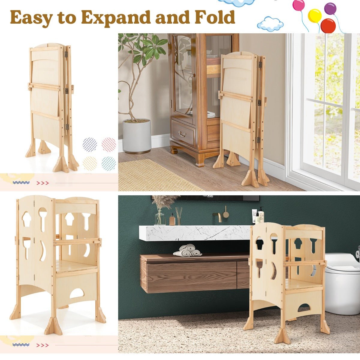 Kid-friendly adjustable wooden step stool for kitchen, promoting independence and safety.