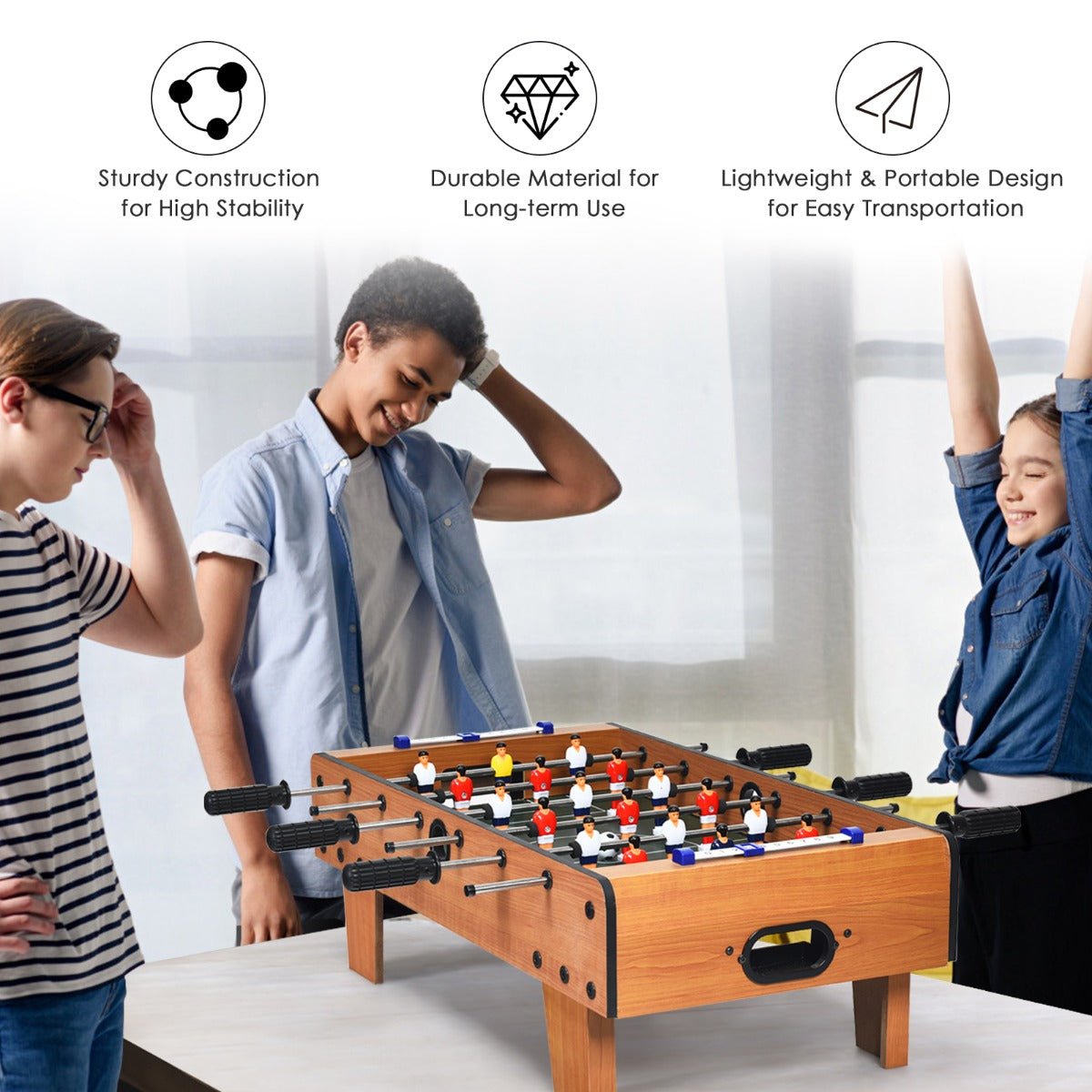Portable foosball table game with 2 balls and scorekeeper, perfect for kids indoor entertainment.