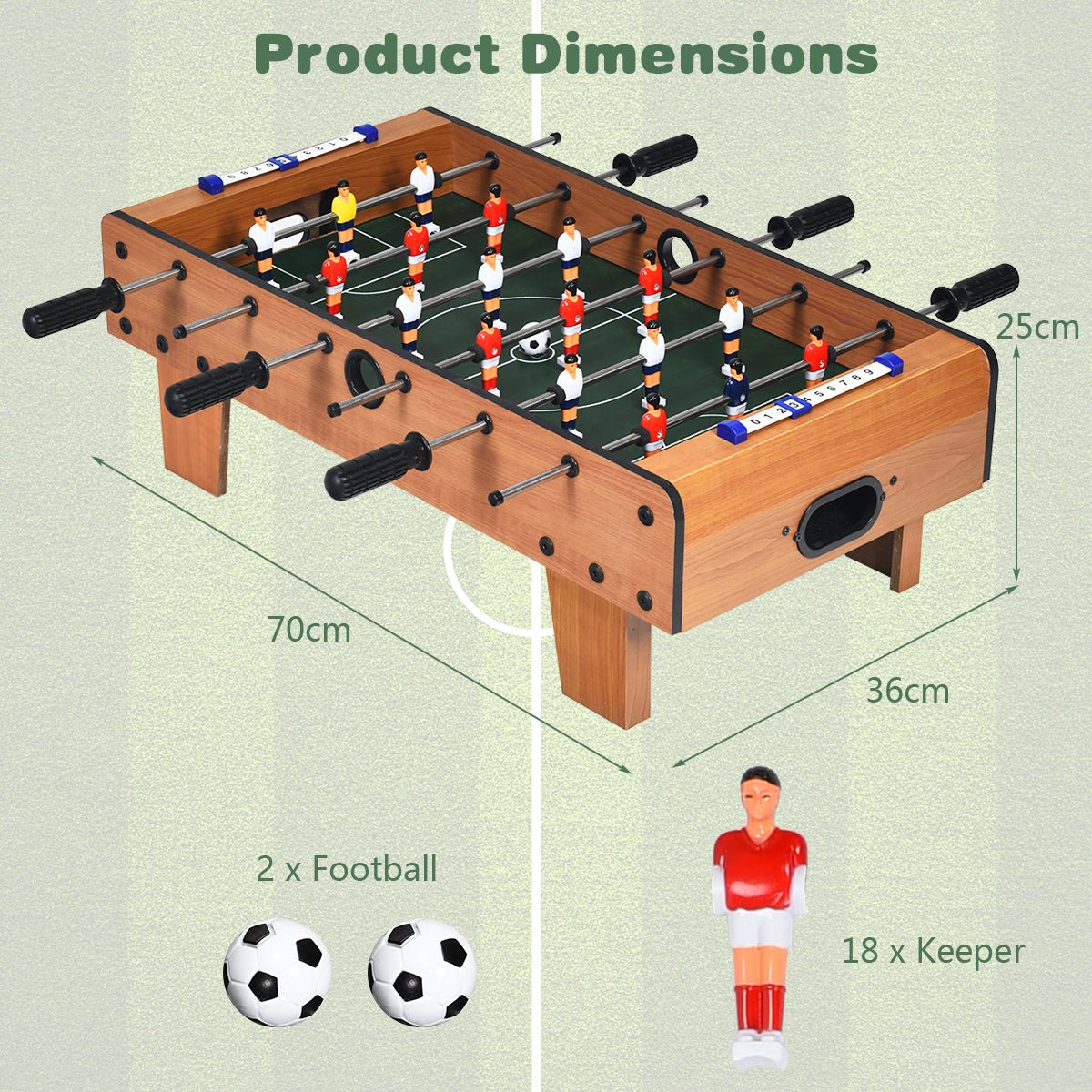 Portable foosball table game with 2 balls and scorekeeper for kids home entertainment.