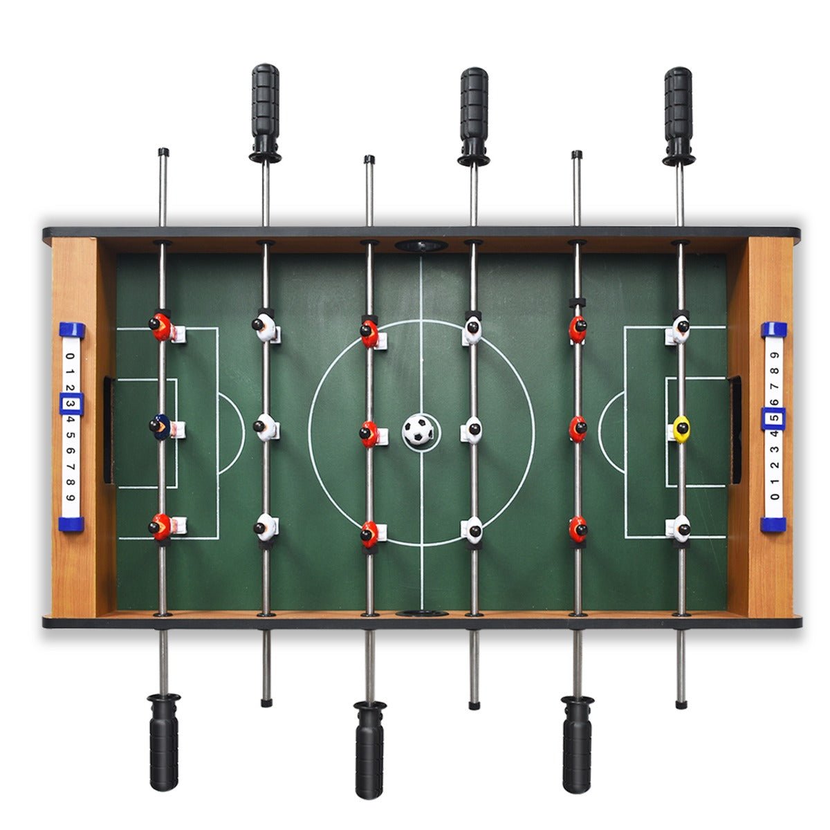 Kids portable foosball table with scorekeeper and 2 balls for home play.