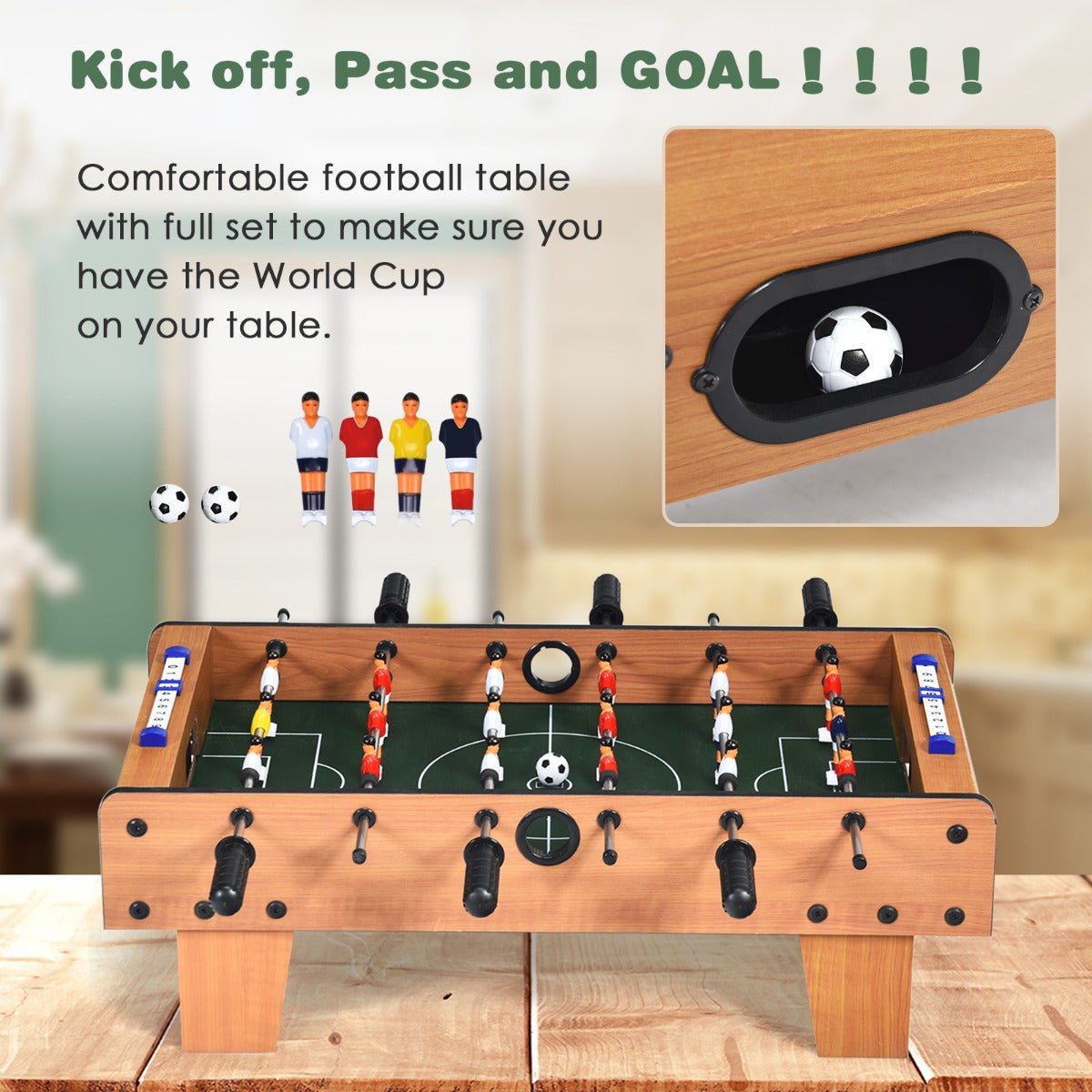 Portable foosball table game with 2 balls and scorekeeper for kids home entertainment.