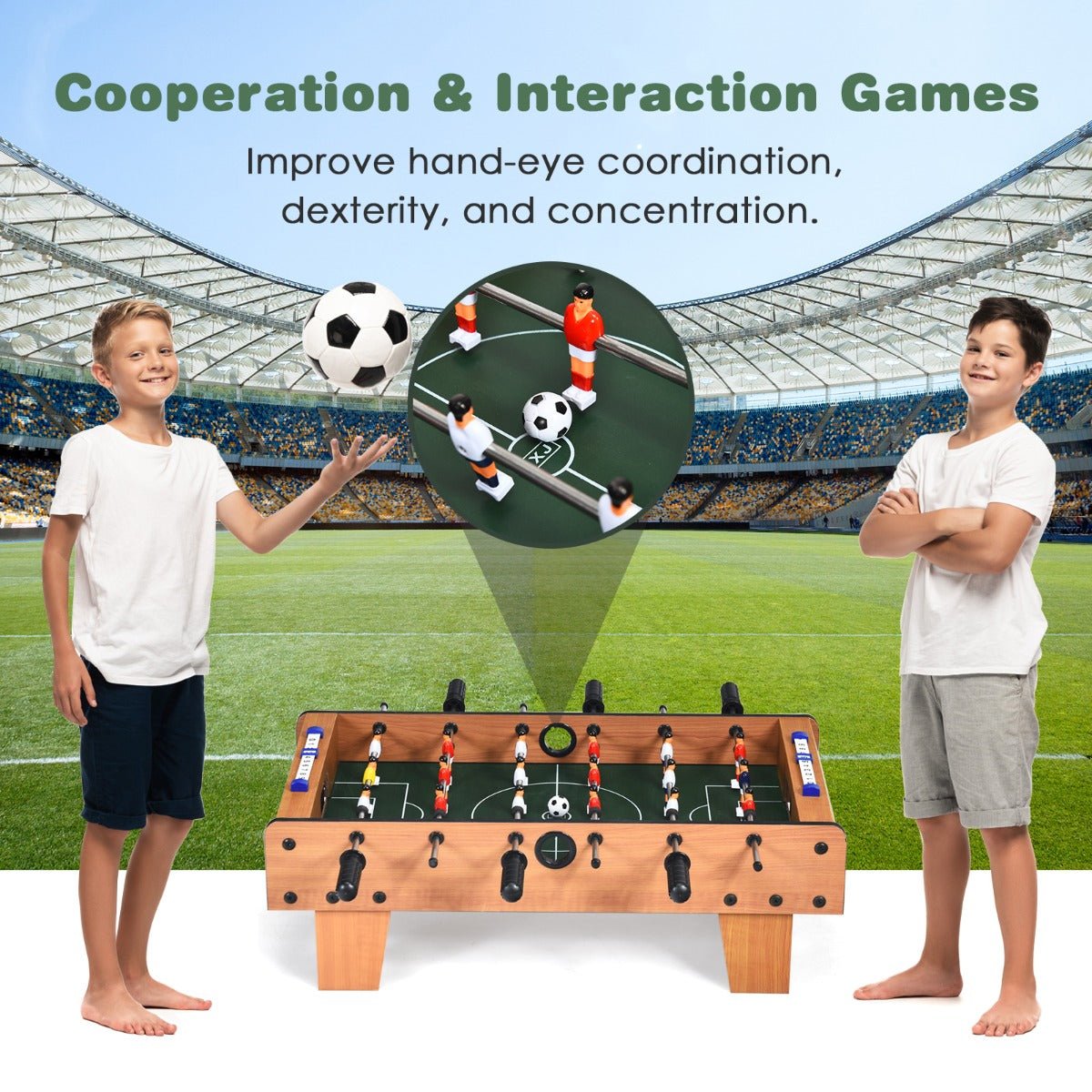 Kids portable foosball table with scorekeeper, includes 2 balls for fun indoor play.