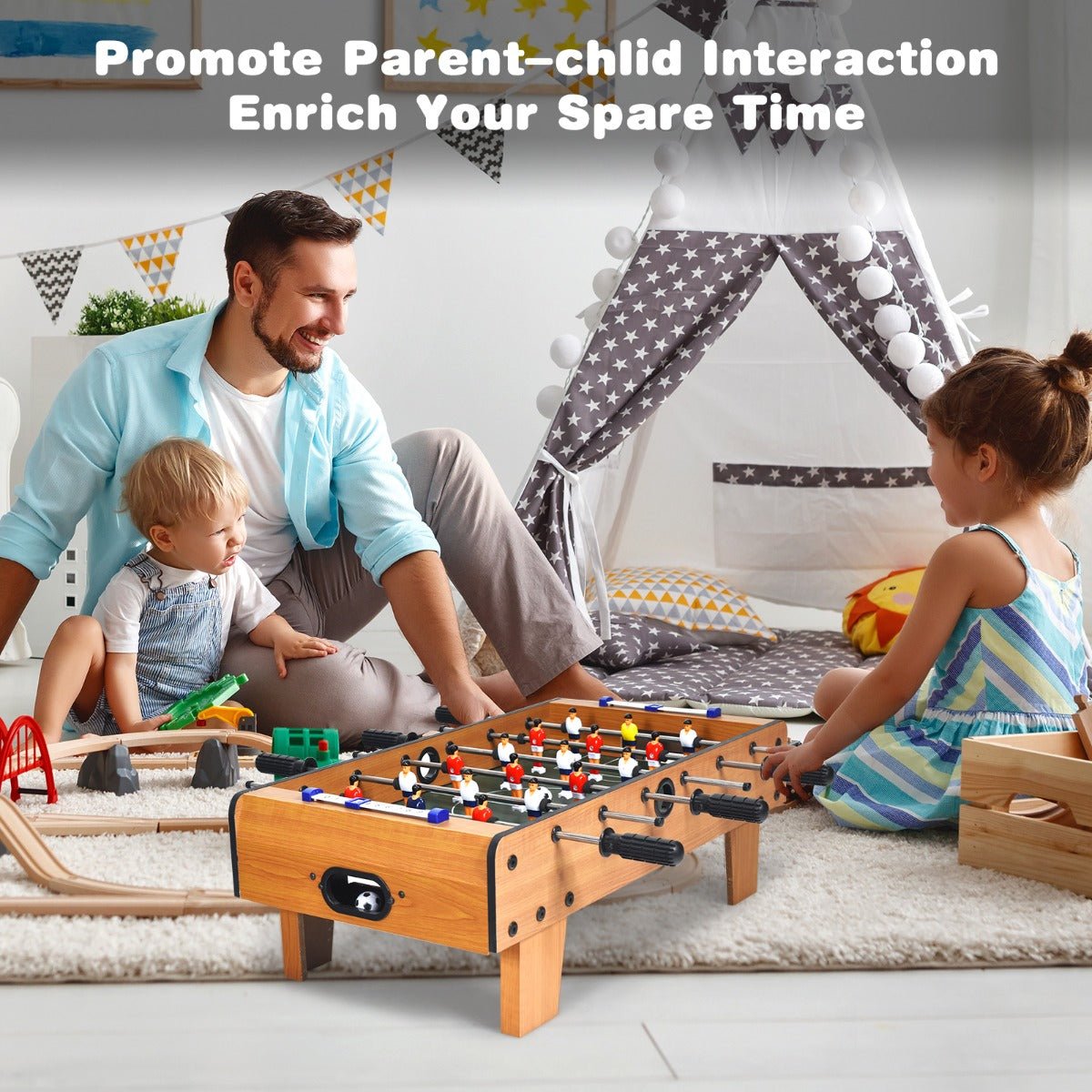 Portable foosball table game with 2 balls and scorekeeper for kids home entertainment.