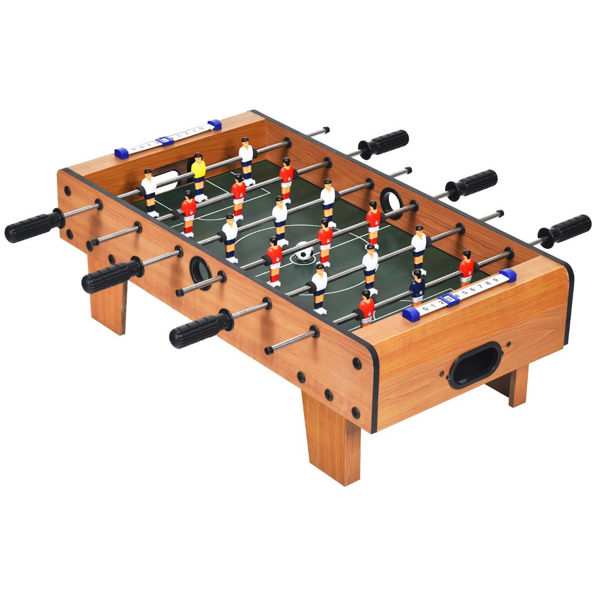 Portable foosball table game with 2 balls and scorekeeper for kids home entertainment.