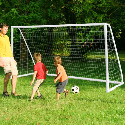 Kids soccer goal with PVC frame for all-weather play, easy setup at home.